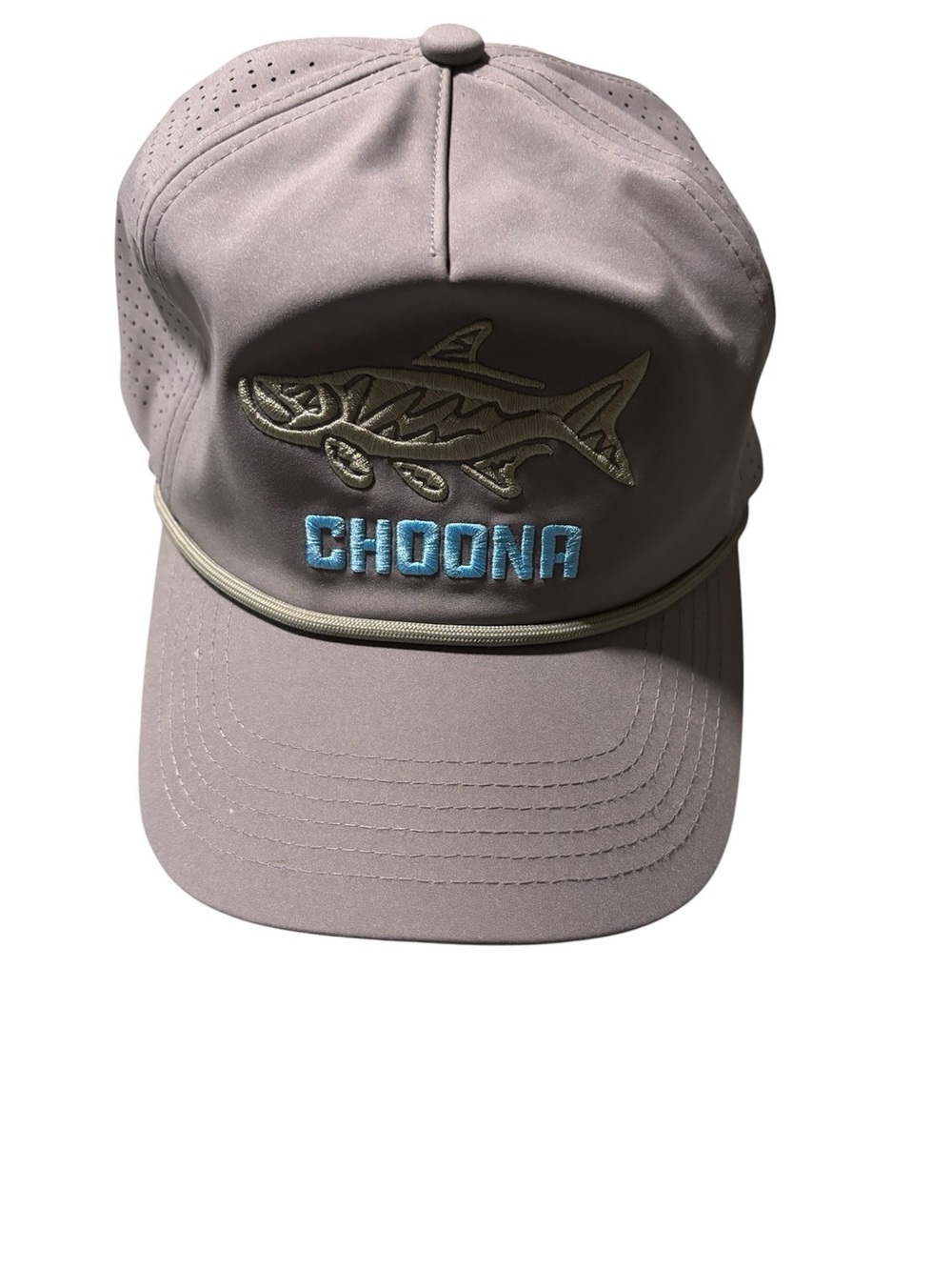 CHOONA Embroidered Fish Logo Cap in Taupe with Light Blue Stitching
